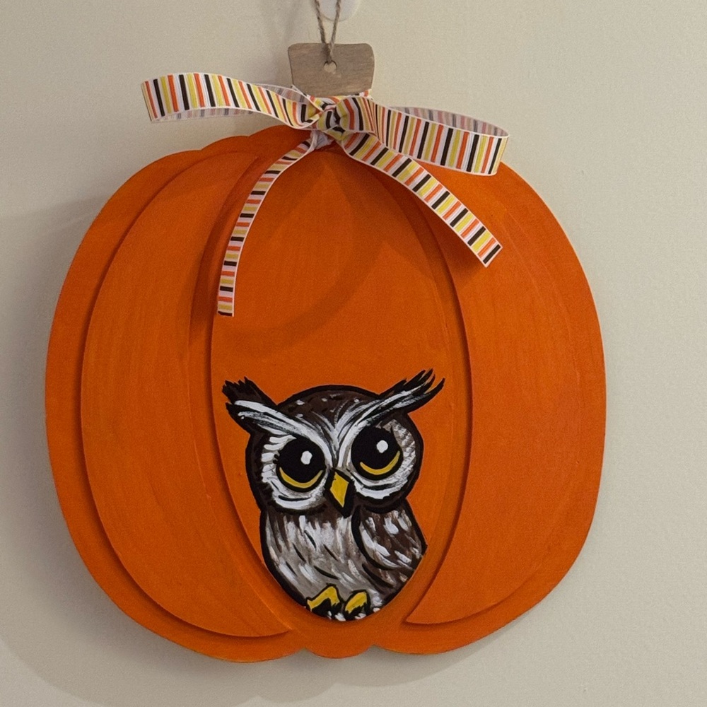 HAND CRAFTED- Hand painted wooden Orange Pumpkin Wall Decor with Owl Design